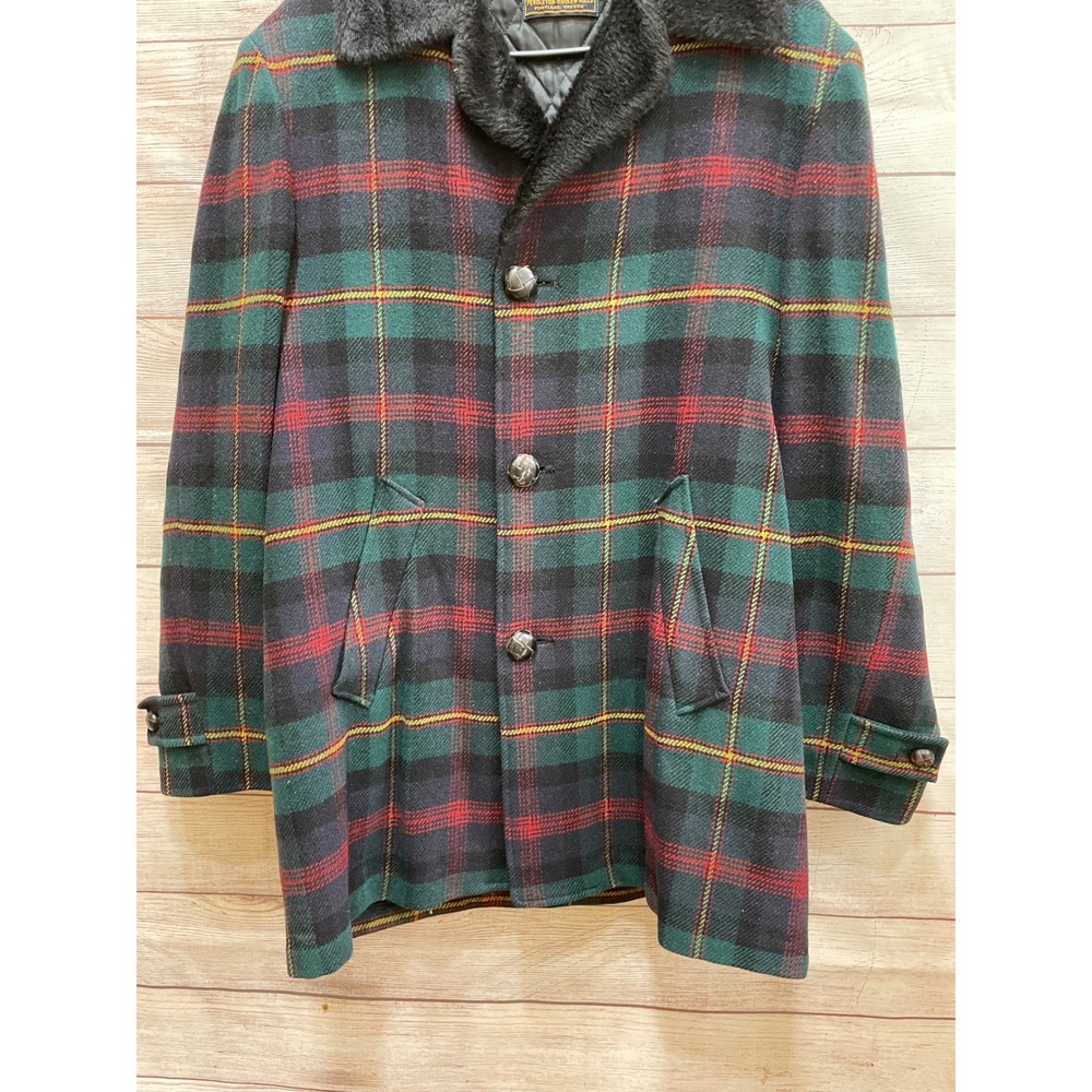 VINTAGE‎ MENS PENDLETON PLAID WOOL COAT WITH FAUX FUR COLLAR - Picture 4 of 16